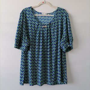 Notations Womens Multicolor Balloon Sleeve Diamond Geometric Blouse Top Size 3X